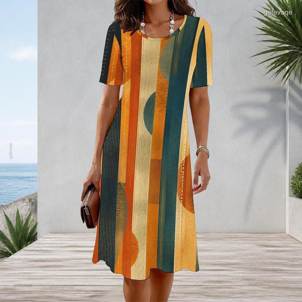 Women Plus Size Round Neck Short Sleeve Printed A Line Midi Dress