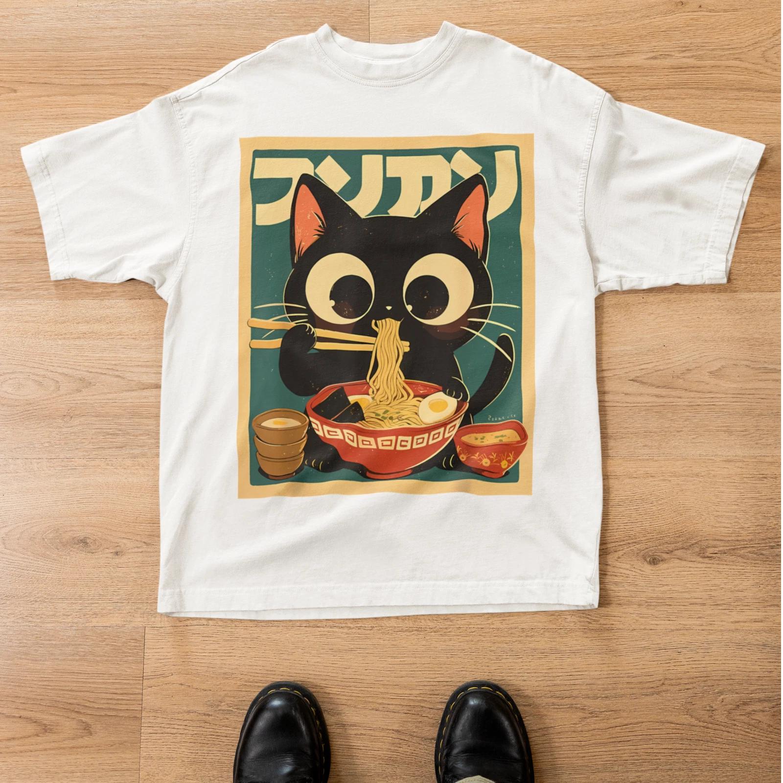 Kawaii Cat Ramen Shirt Anime Japanese Food Cute Noodle Graphic Tee L