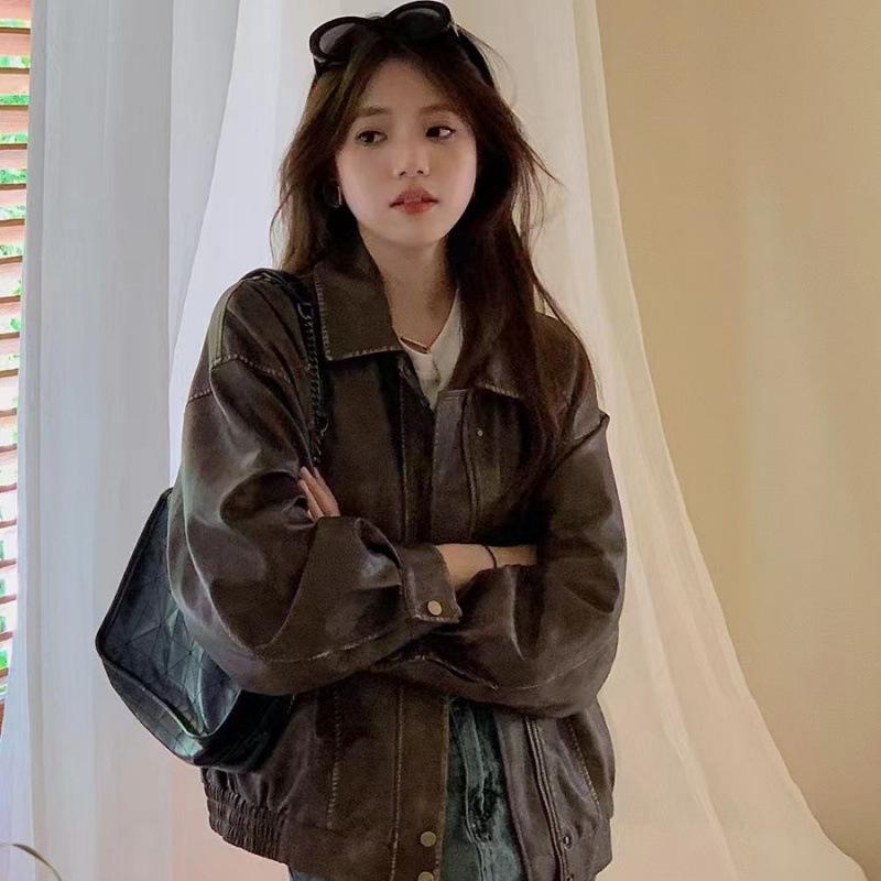 Damen Kleine Braune Lederjacke - 2025 Amerikanischer Retro-Stil mit Gewischtem Farbdesign, Baumwollgefüttert.