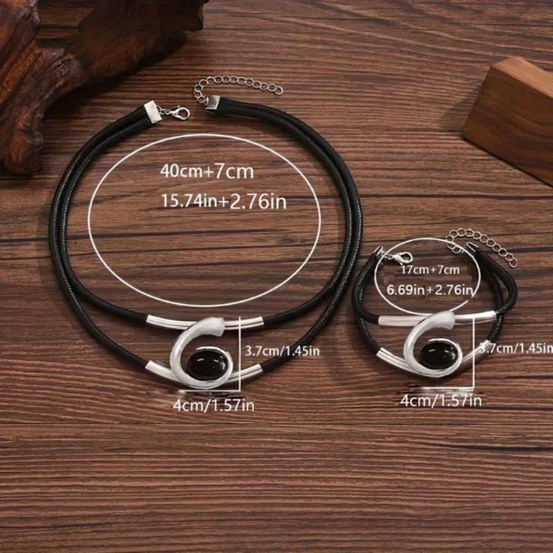 Simia style necklace and bracelet set, double black rope design, with oval black rhinestone pendant, ladies fashion jewelry
