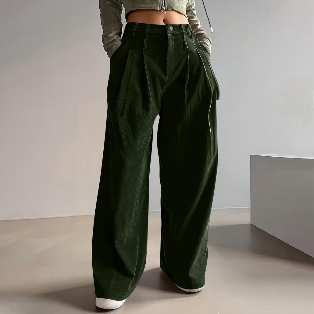 Women's Fashion Color Button & Zippered Pocket Fleece Straight Loose Casual Pants
