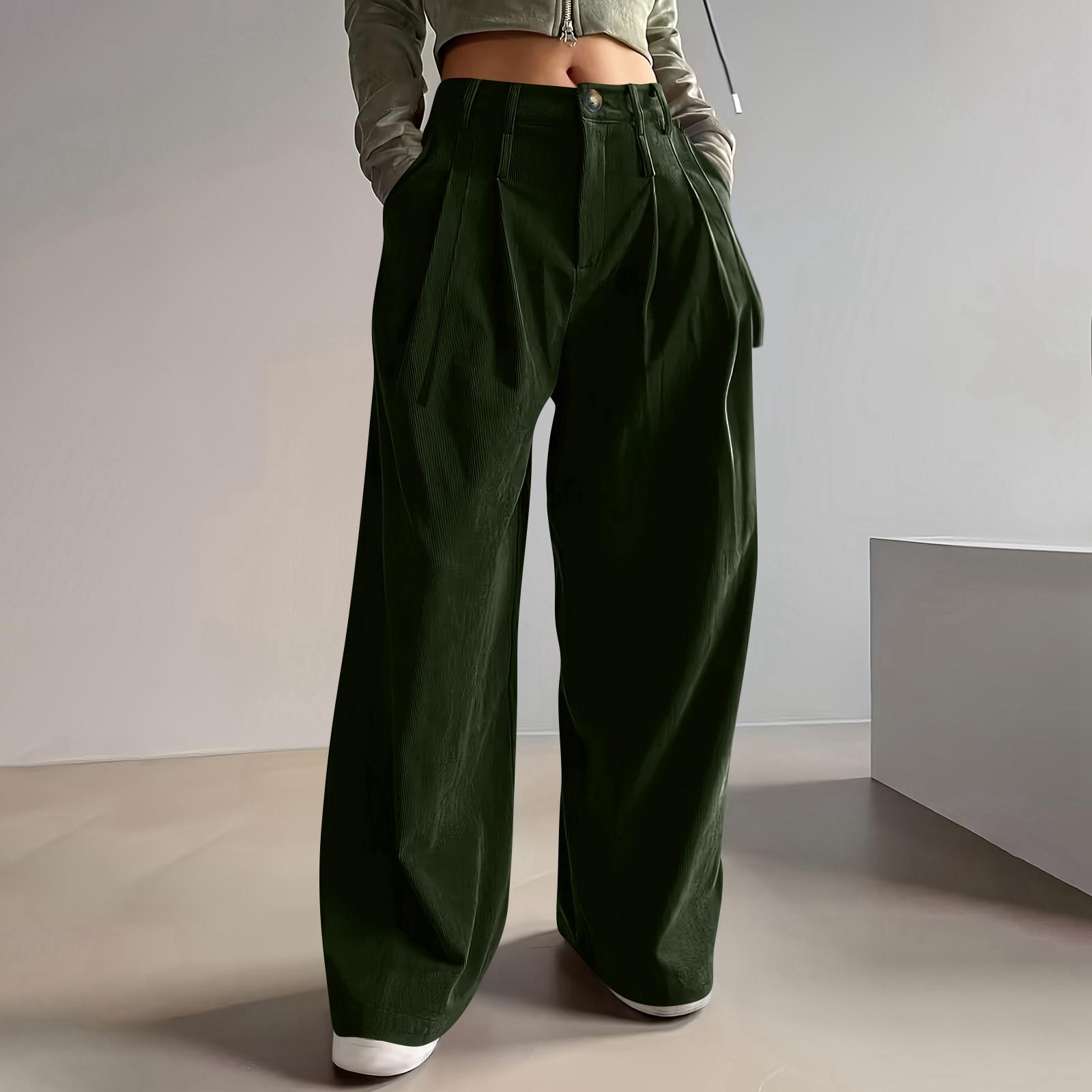 Women s Fashion Color Button & Zippered Pocket Fleece Straight Loose Casual Pants L