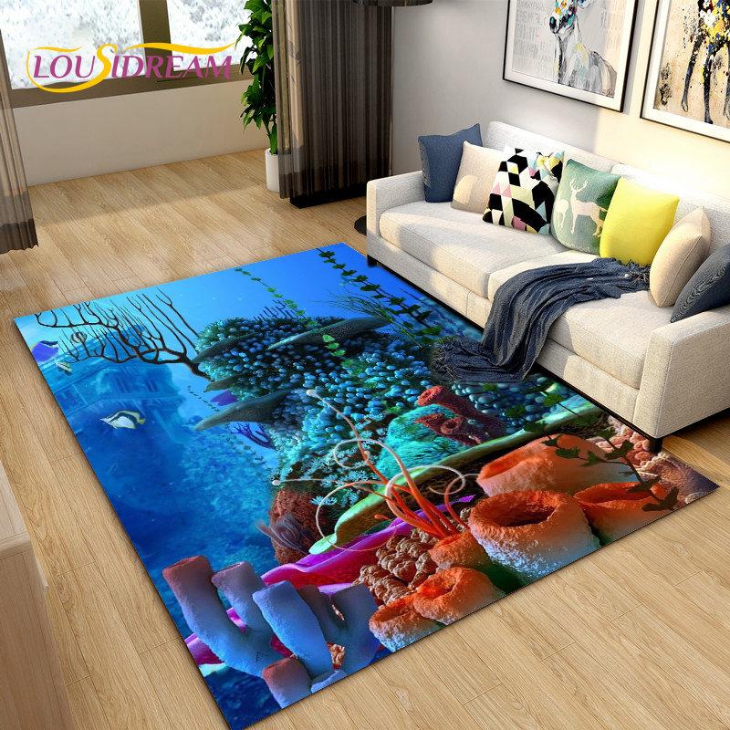 3D Underwater World Sea Turtle Dolphin Area Rug Large,Carpet Rug for Living Room Bedroom Sofa Doormat Kitchen,Non-slip Floor Mat