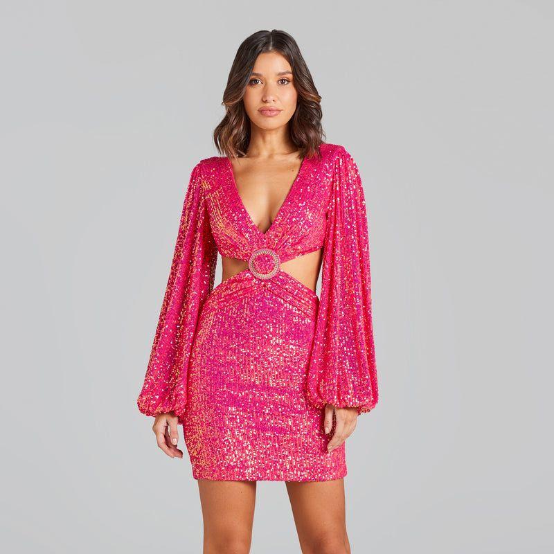 

Sexy Party Dress Birthday Party dress Sequined Sexy Waist-Exposed Small Dress Hollow out Sequin Dress Rose Red L