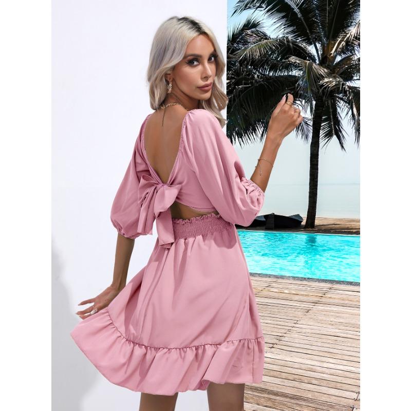 Summer Women's Dress Ruffle Square Neck Solid Color Dress Sweet and Fresh Tie Short Dress