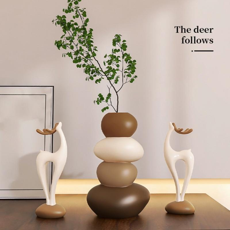 Resin Deer Figurines with Flower Vase Small Animal Statue Sculpture Table Ornament for Home Decors Housewarmings Gift