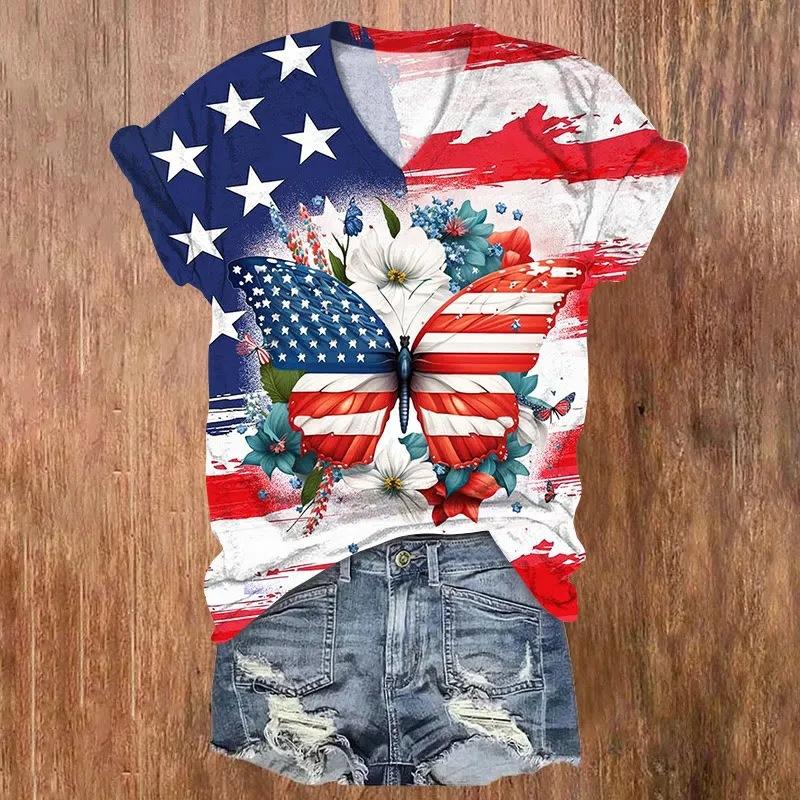 Summer V-neck 3D Flower Butterfly Printed Top Fashionable Casual Short Sleeved Women's T-shirts