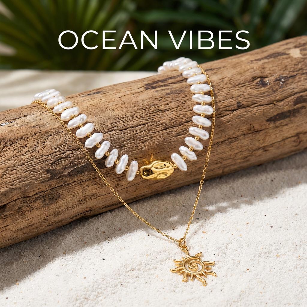 Boho Baroque Irregular Imitation Pearl Necklace For Women Vintage Sun Pendant Layered Choker Summer Vacation Party Jewelry Gift