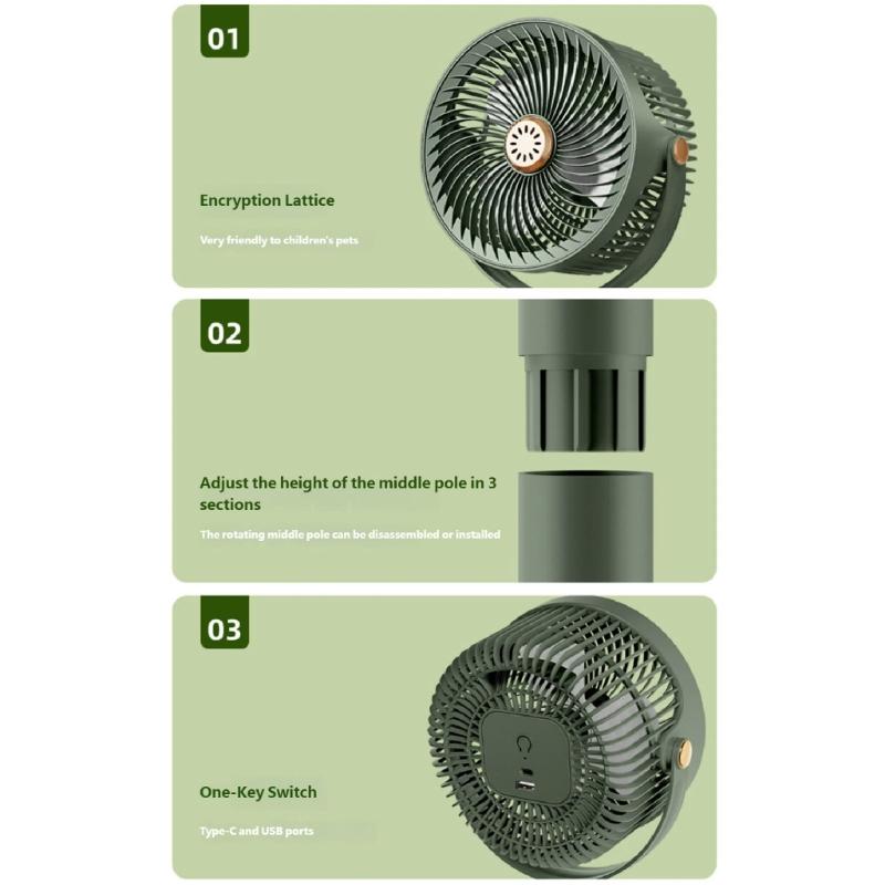 Wiederaufladbarer Solar-Bodenventilator mit flexibler Höhenverstellung Leiser Teleskop-Schreibtischventilator für Terrassen, Gärten und kleine Räume