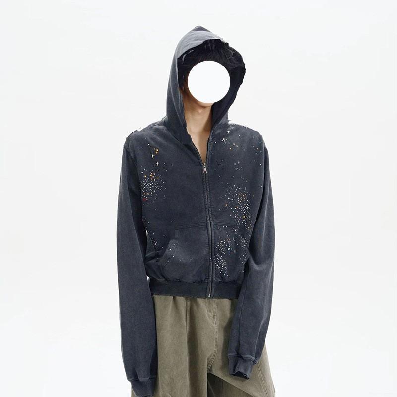 Herren Damen Kapuzenpullover mit durchgehendem Reißverschluss Gewaschener Vintage-Look Mit Strasssteinen Verziert Lockerer Schnitt