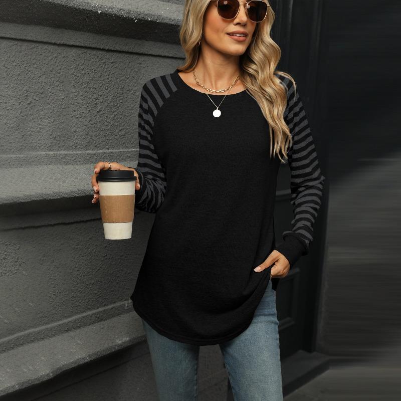 Women's New Clashing Stripes Splicing Round Neck Long Sleeve T-shirt Swallowtail Top