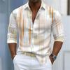 Men's Shirt with Simple Geometric Lines Printed in Contrasting Colors, Loose Long Sleeved Top, Daily Casual Versatile Shirt
