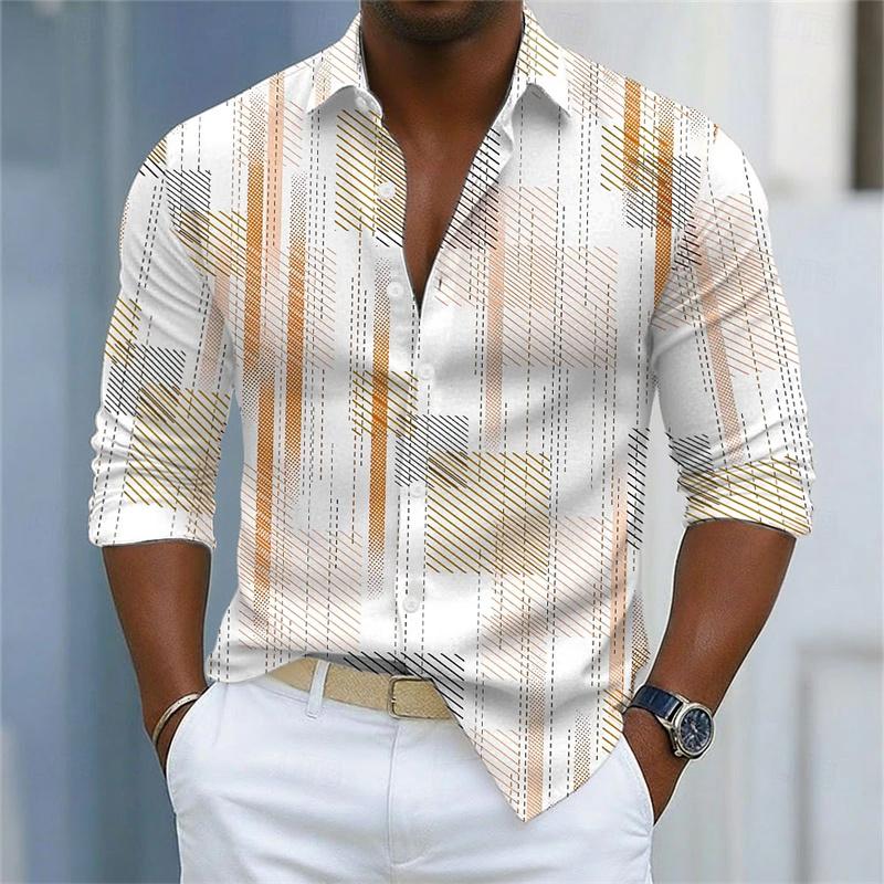 Men's Shirt with Simple Geometric Lines Printed in Contrasting Colors, Loose Long Sleeved Top, Daily Casual Versatile Shirt