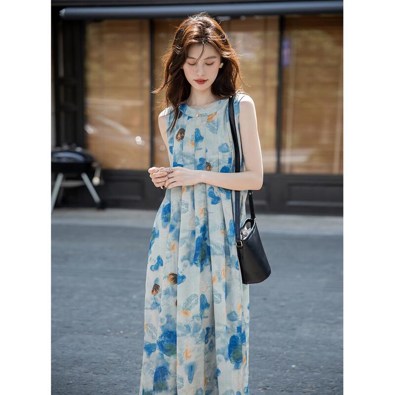 MOKANA Fashion Elegant Printed Sleeveless Mid-Length Ink Wash Dress