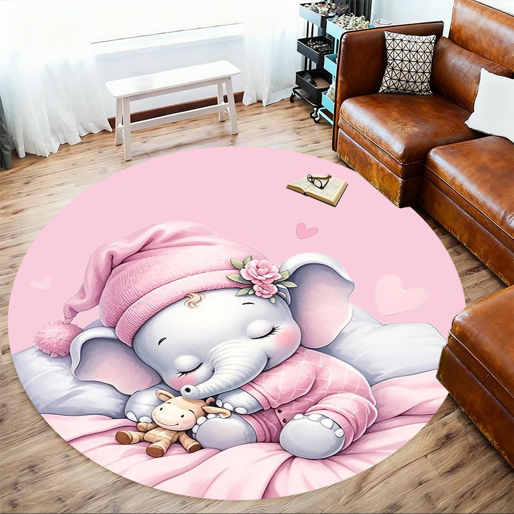 1PC Elephant Pink Cute Round Chair Mat Area Rug - Non-Slip, Floor Mat for Office, Bedroom, Home Decor Christmas Gift C0528006