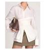 Women's White Knotted Front Shirt with Plaid Skirt, Elegant Casual Outfit Featuring Brown Handbag with Gold Accents