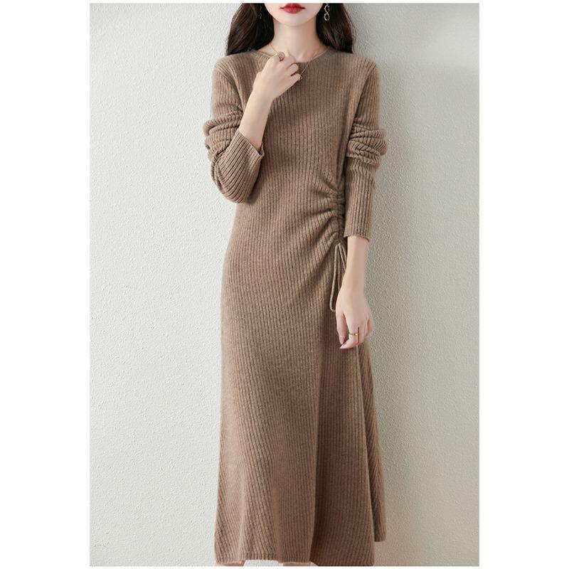 Autumn and winter new drawstring slim and thin medium and long sweater skirt femininity inner backing knitted dress