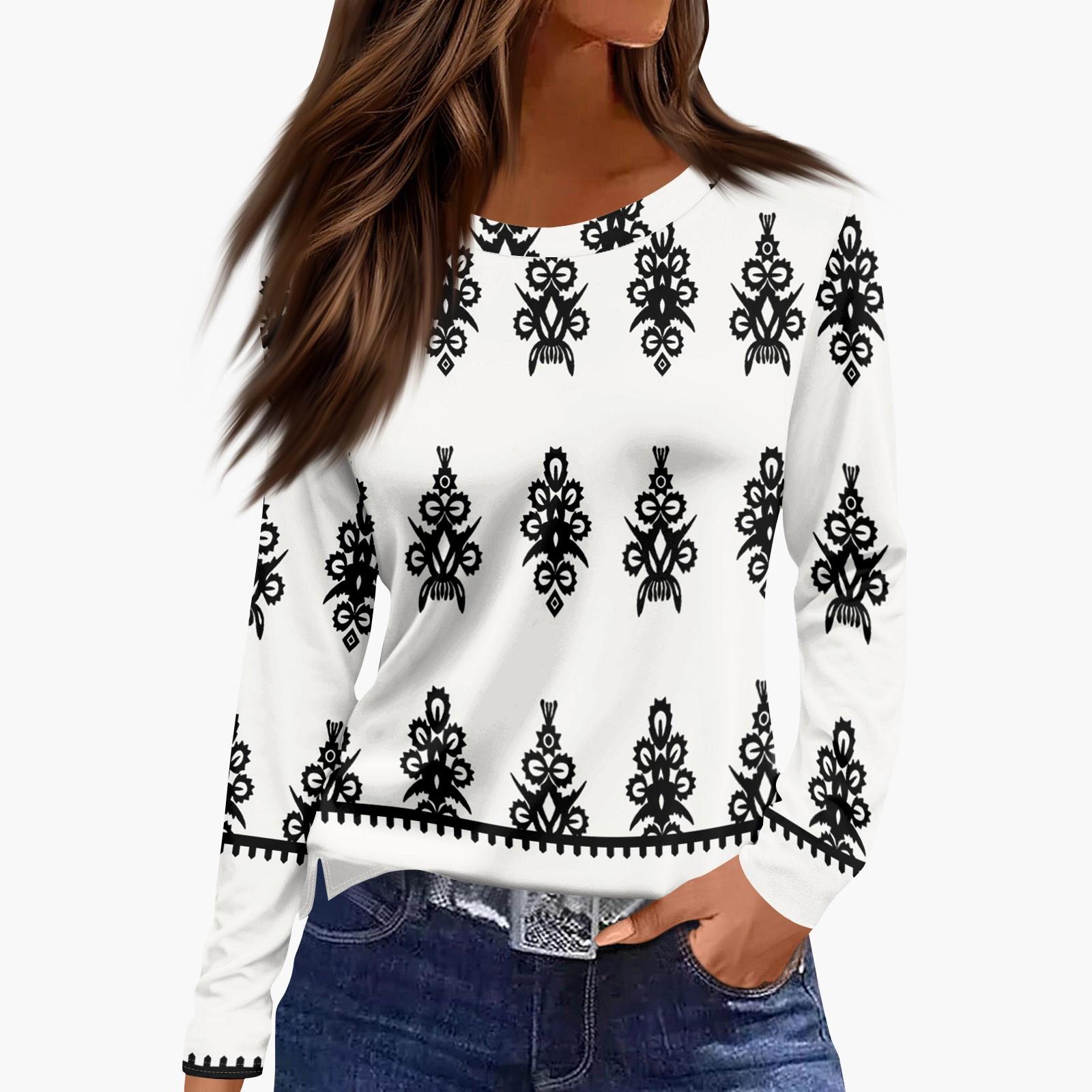 Ladies  Fashionable Casual Long Sleeved Popular Retro Floral Print Pullover Top XL белый