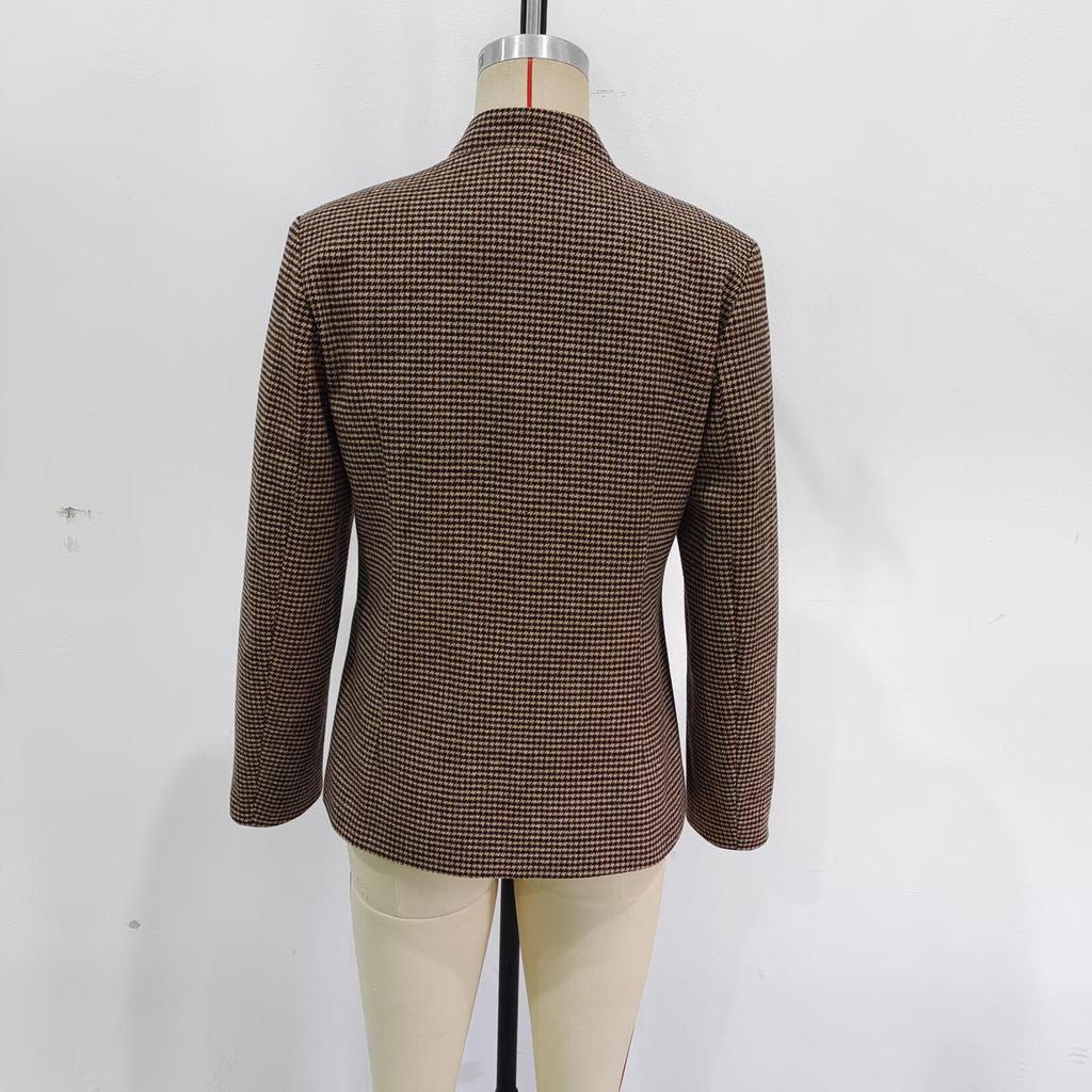 Europäische & Amerikanische Damen Retro Hahnentritt Stehkragen Jacke