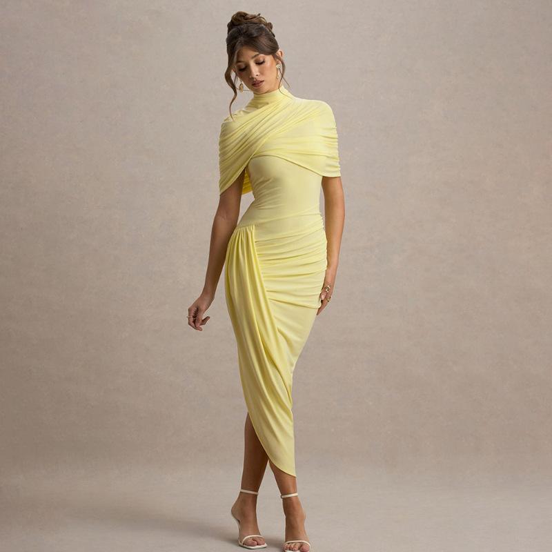 New hot-selling temperament slim-fitting pleated dress fashionable and sexy backless hip-wrapped women s long dress S жёлтый