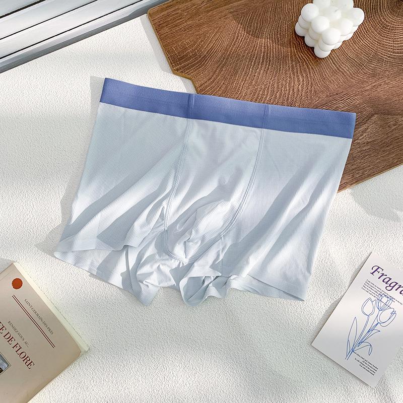 Summer Men's Ice Silk Seamless Boxer Briefs: Antibacterial, Thin, Mid-Waist, Waffle Nylon.