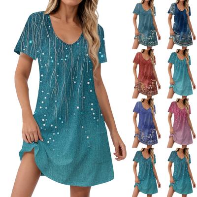 Women's Fashion Casual Printed With Pockets Bohemian Beach V-Neck Short Sleeve Dresses