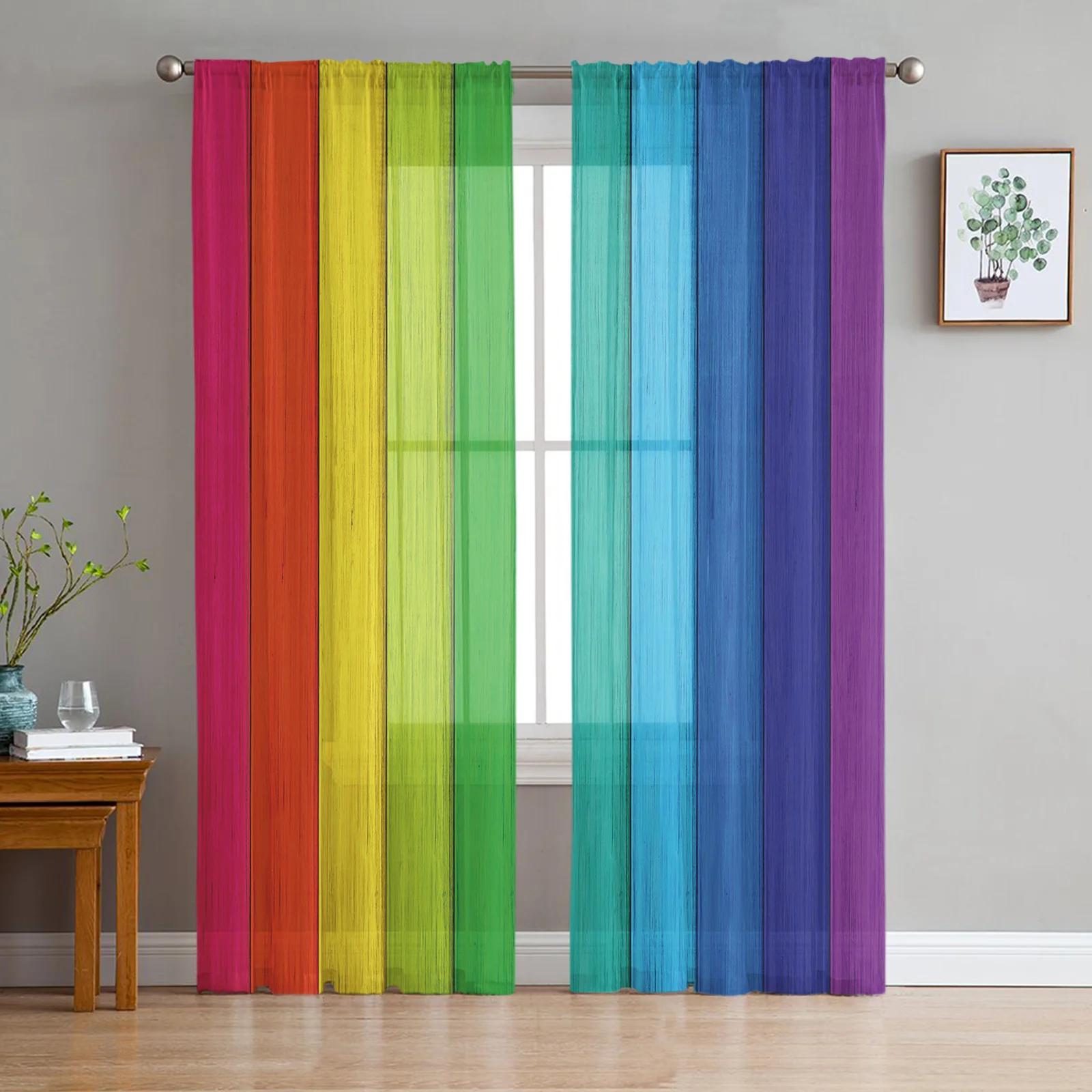 

Candy Rainbow Stripes Translucent Drapes for Bedroom Space Living Room Decoration Window Opening Drape for Kitchen Area Tulle Voile Organza Curtains W135 x H115cm x1&Rod Pocket