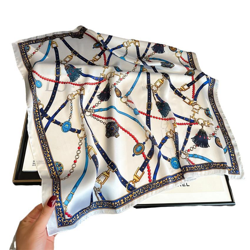 Korean Style Faux Silk Chain Print Square Scarf - Versatile 70cm Shawl for Women