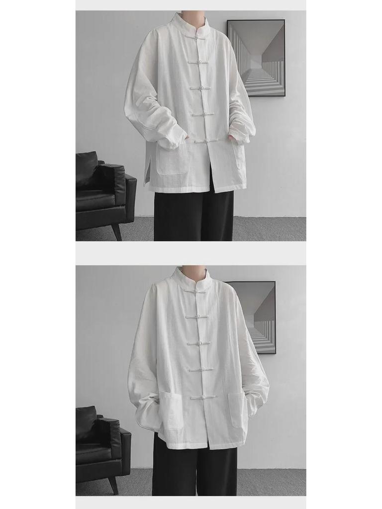 Herren Langarm Leinen Chinesische geknöpfte Hanfu Tang Jacke, Übergröße
