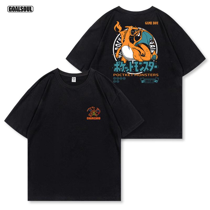 

Pokémon Tshirt Super Flame POKEMON Japanese Trendy Brand Retro Casual Heavyweight Pure Cotton Short Sleeve 4XL