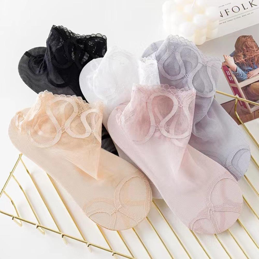 Simple Summer Solid Color Invisible Boat Socks Hollow Out Lace Socks Mesh Women Socks Sock Slippers серый