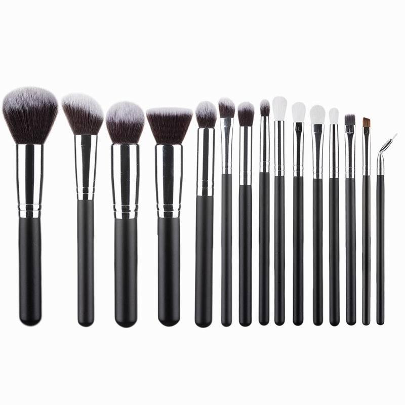 15-Piece Black & Silver Makeup Brush Set: Powder, Blush, Eyeshadow, Eyebrow & Highlighter Brushes with Soft Bristles