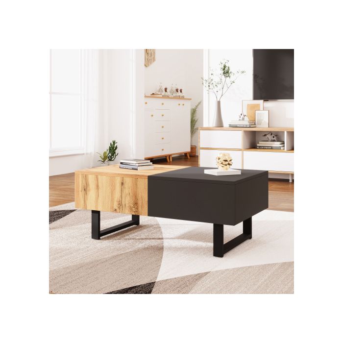 Table basse moderne - MUVOE - Multifonctionnelle - Rangement caché - Bois et métal - Design élégant