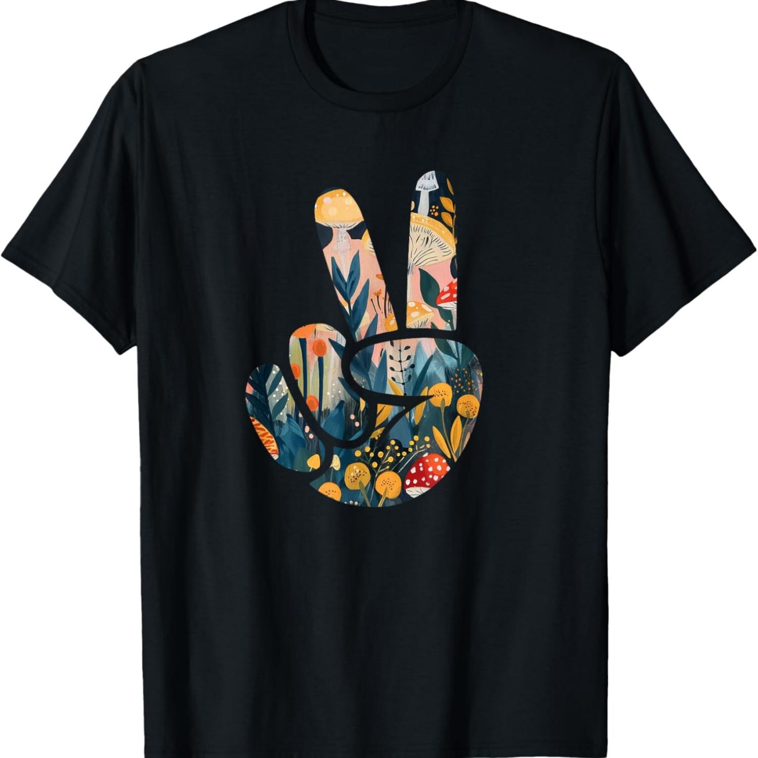 Natural Silhouette Forest Meadow Cottagecore Peace Sign Hand T-Shirt(21) S чёрный