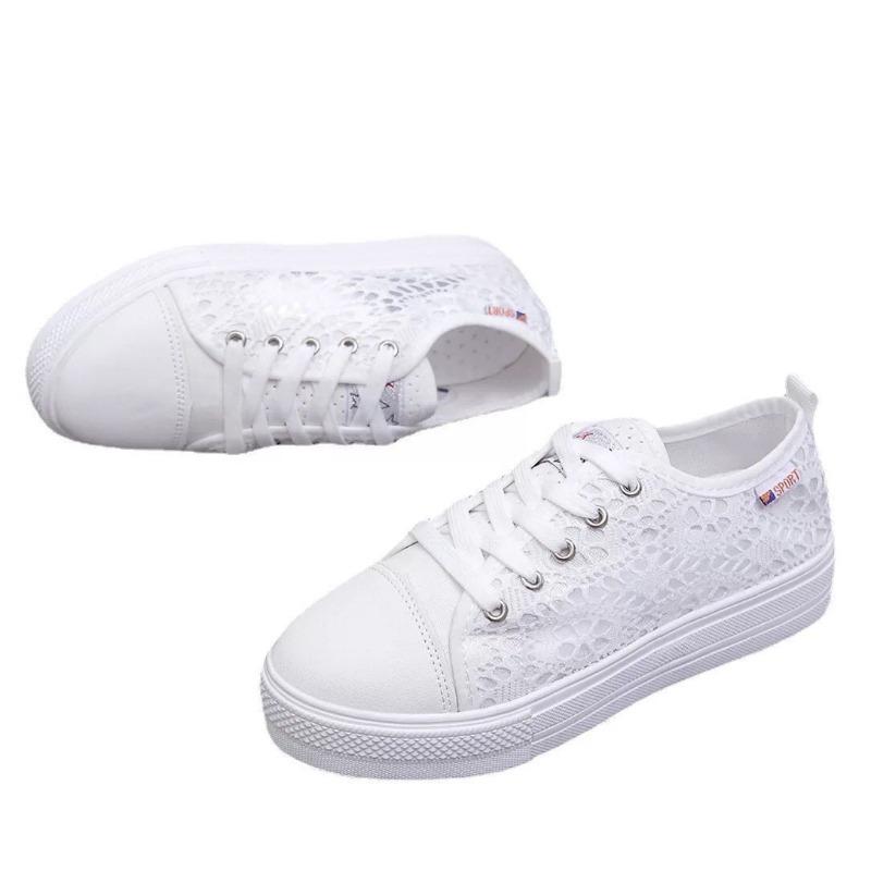 Summer New Lace-up Mesh Casual Shoes Flat-soled Thick-soled White Shoes Women's Breathable Hollowed-out Lace Muffin Women's Single Shoes