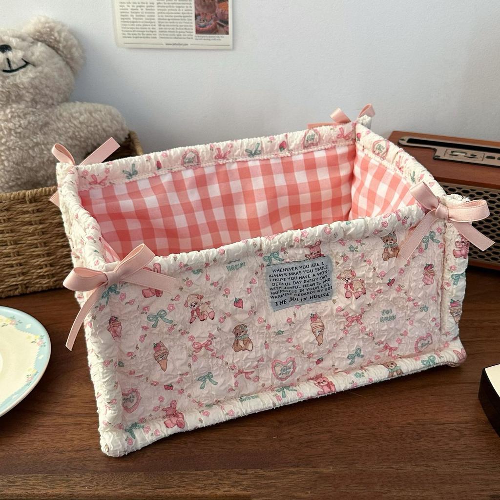 Square Storage Basket Lace Flower Desktop Organizer Storage Basket Korean Quilted Storage Basket Cute Storage Frame Decoration
