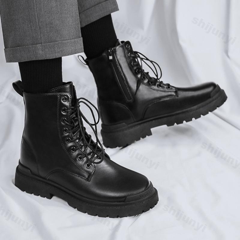Fashion Men Black Leather Boots New British Style High Top Fashion Work Boots Outdoor Street Fashion Chelsea Men Shoes Comfortable Short