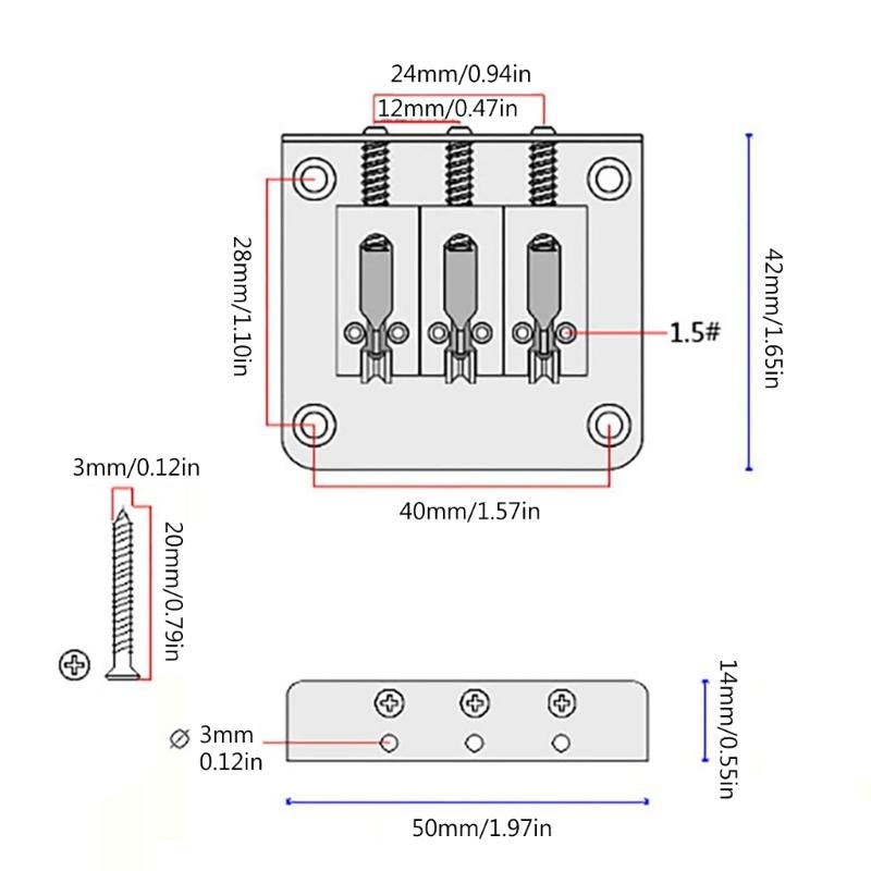 Guitar Bridge, Zinc Alloy 3-String Fixed Hardtail Guitar Bridge Saddle with 4 Pieces Mounting Screws for Electric Guitar