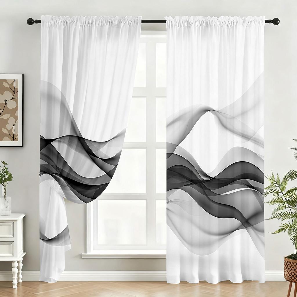 Black White Gradient Wavy Curtain Minimalist Style Living Room Bedroom Pull Window Decoration Set Of 2 Modern Made Polyester With Rod Pocket Washable