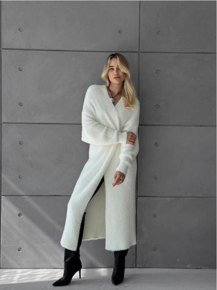 Autumn Winter Womens Long Velvet Cardigan Thick Knitted Sweater Coat Loose Fit Faux Mink Chic Lazy Style