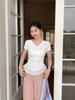 Pure desire white V-neck lace splicing short-sleeved T-shirt women's summer new slim-fitting front shoulder short top