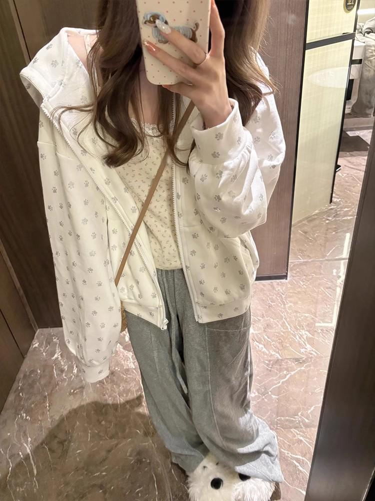 Damen Süßer Kapuzen-Cardigan mit Katzenohren und Hundepfoten-Print - Koreanischer Süß & Würzig Stil für Frühling/Herbst.