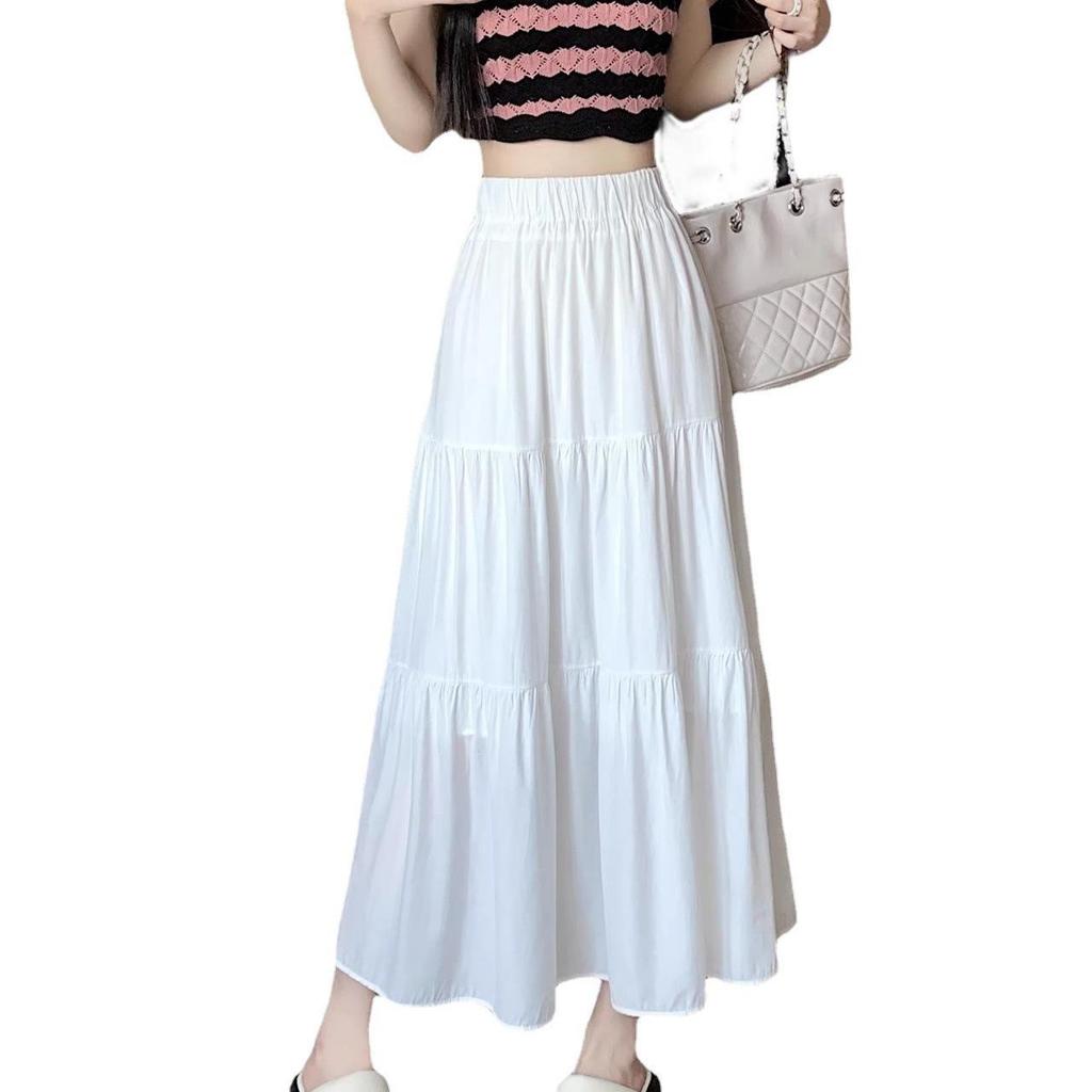 White Women's Skirt 2024: Elastic High-Waist Slim Fit, Medium-Length, Spring/Summer Cake & Umbrella Design