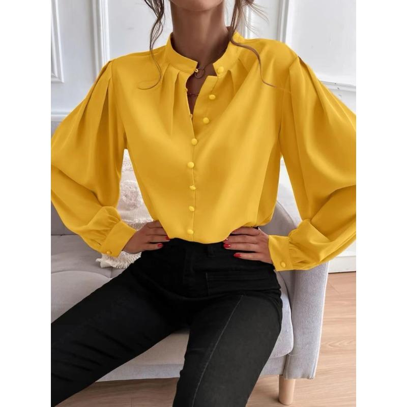 VEZFAA Damenmode Casual Frühling Herbst Einfarbig Druck Langarm Halb Rollkragen Blusen & Hemden