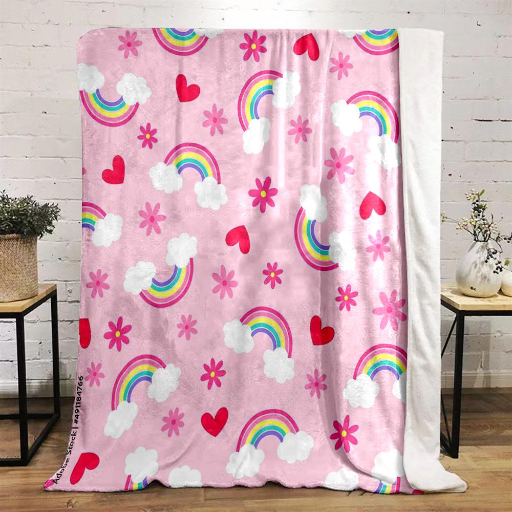 Colorful Rainbows, Hearts, and Flowers Flannel Blanket for Bedroom Living Room Sofa and Nap