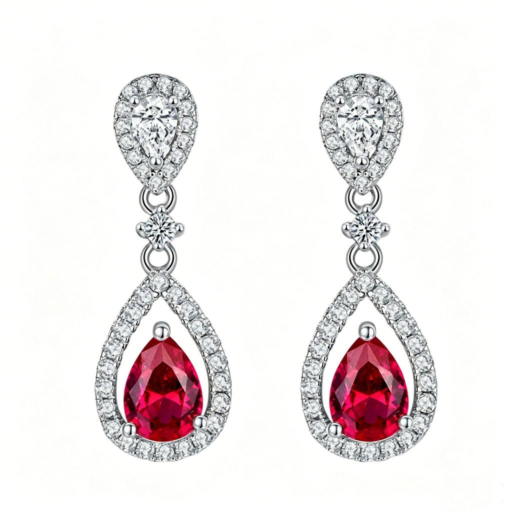 Zhou Hengfu S925 Sterling Silver Ruby Water Drop Earrings with Full Diamond, Light Luxury for Women
