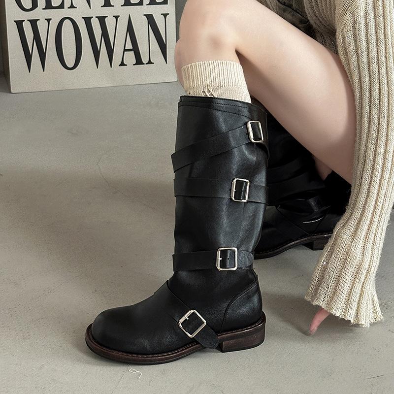 Fashion Versatile Retro Belt Buckle Medium Boots Women's Autumn and Winter 2025 New Belt Buckle Heightening Fashion Boots Tide