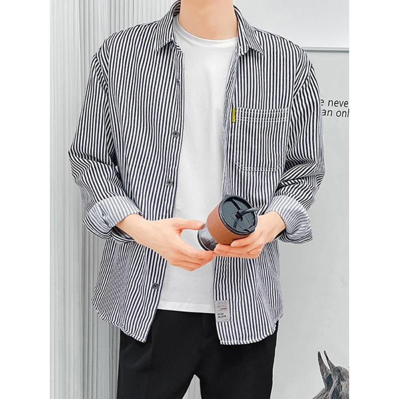 

Мужская рубашка в полоску с длинными рукавами в корейском стиле на весну и осень, новая повседневная рубашка высокого класса, куртка для мужчин 3XL