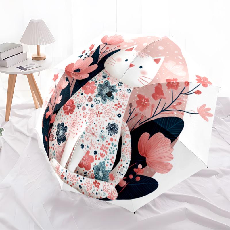 1 PC Automatic Folding Umbrella - White Cat Pattern, Portable & Foldable Design with 8 Ribs, Christmas Birthday Gifts