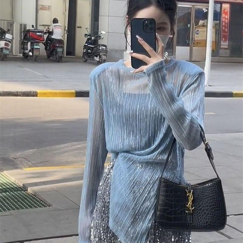 

Women s Irregular Shiny Sequin Split Sun Protection T-Shirt Sheer Long Sleeve Loose Casual Top S синій